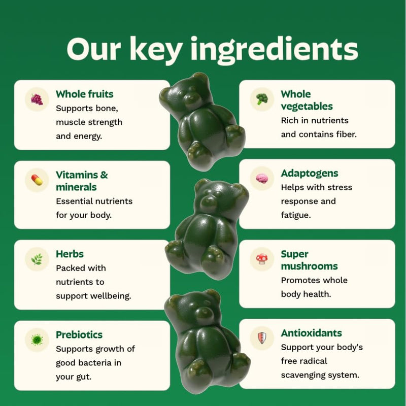 Adult Greens Gummies & Daily Multivitamin, Prebiotic Fiber, 10 ct | Daily Supplement for Men and Women with Vitamins, Minerals, Adaptogens, and Fiber 10 Count (Pack of 1)