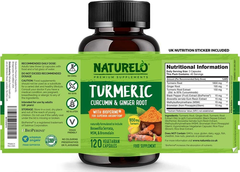 NATURELO Turmeric - Curcumin & Ginger Root with Black Pepper for Better Absorption - 95% Curcuminoids - Pure Nutrient-Rich Blend with No Fillers - 120 Vegan Capsules | 4 Month Supply