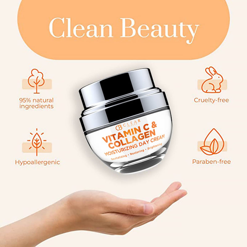 Clear Beauty Vitamin C & Collagen Face Moisturizer – Anti Aging Day Cream, Hydrates, Firms & Revives Dull, Tired Skin – Dermatologist Tested, Korean Skin Care, Vegan Clean Beauty – 1.69 Fl Oz Vitamin C and Collagen