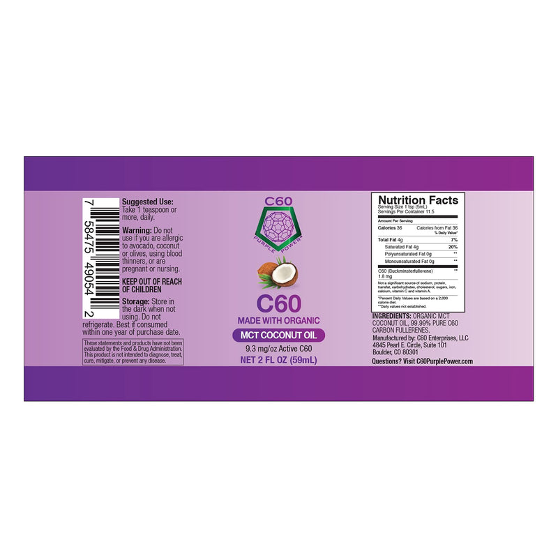 [Australia] - C60 Power - MCT 2-oz.- Organic MCT Coconut Oil, 2 Fl Oz, 99.99% Pure Carbon Fullerenes, Lift Oxidative Burden, Optimize Mitochondrial Function 2 Fl Oz (Pack of 1) 