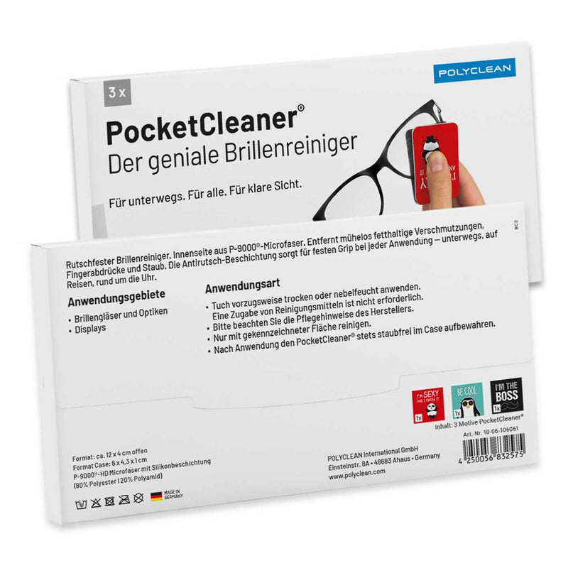 [Australia] - POLYCLEAN 3X PocketCleaner® glasses cleaning cloths - practical glasses cleaning cloth and display cleaner - microfiber cloth made in Germany (12x4 cm, 3 pieces, sayings) - screen cleaner screen cleaner 