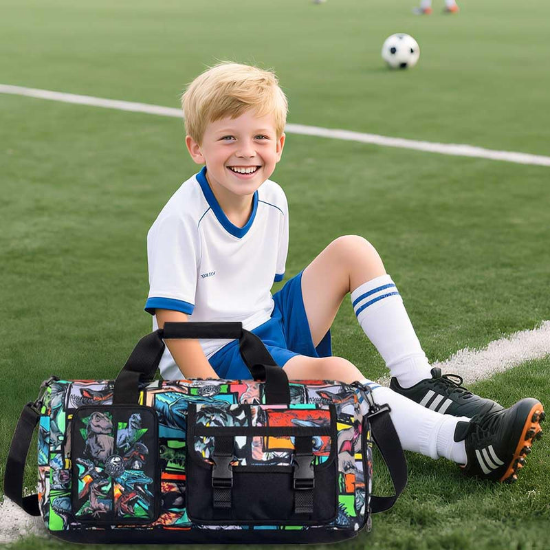 CCJPX Kids Duffle Bag for Boys, Travel Bag with Shoe Compartment, Dinosaur Weekender Carry-On Personalized Tote for Sport Gym (Black) Black Dinosaur