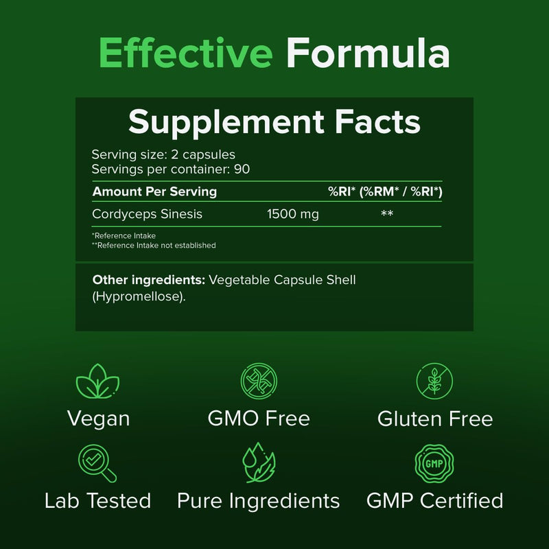 Cordyceps Sinensis 750mg, 90 Capsules - High-Strength, Pure Superfood Mushroom for Immune & Energy Boost - Supports Overall Health, Free from Magnesium Stearate Support by Raw Powders