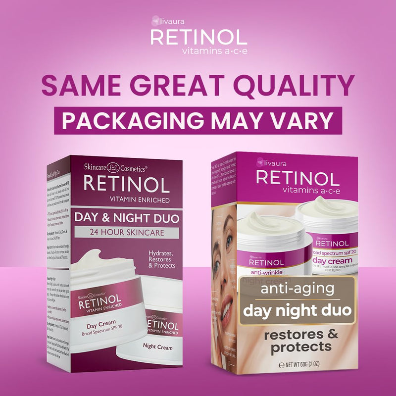 Retinol LIVAURA Day & Night Cream for Women - Anti Aging Wrinkle Cream Set | Anti aging night moisturizer for face and SPF 20 day moisturizer - smooths deep wrinkles on mature, dry skin