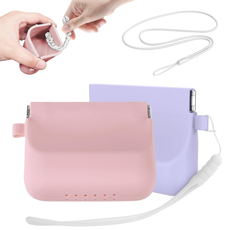 Nearockle 2 Pack Silicone Retainer Case with Lanyard, Soft Denture Case with Vent Holes Compatible for Invisalign, Portable Mouth Guard Case Travel Containers (Pink+Purple) Pink+Purple