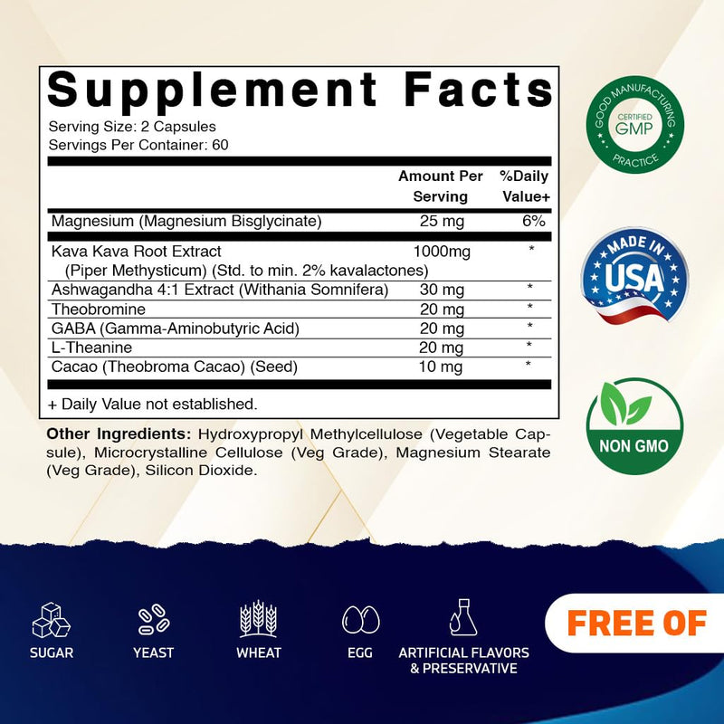 [Australia] - Vitamatic Kava Kava 1000mg with Magnesium, Ashwagandha, GABA, Theobromine, L-Theanine & Cacao ‚Äì 120 Veg Caps ‚Äì Kavalactones for Mood, Stress & Sleep Support. 