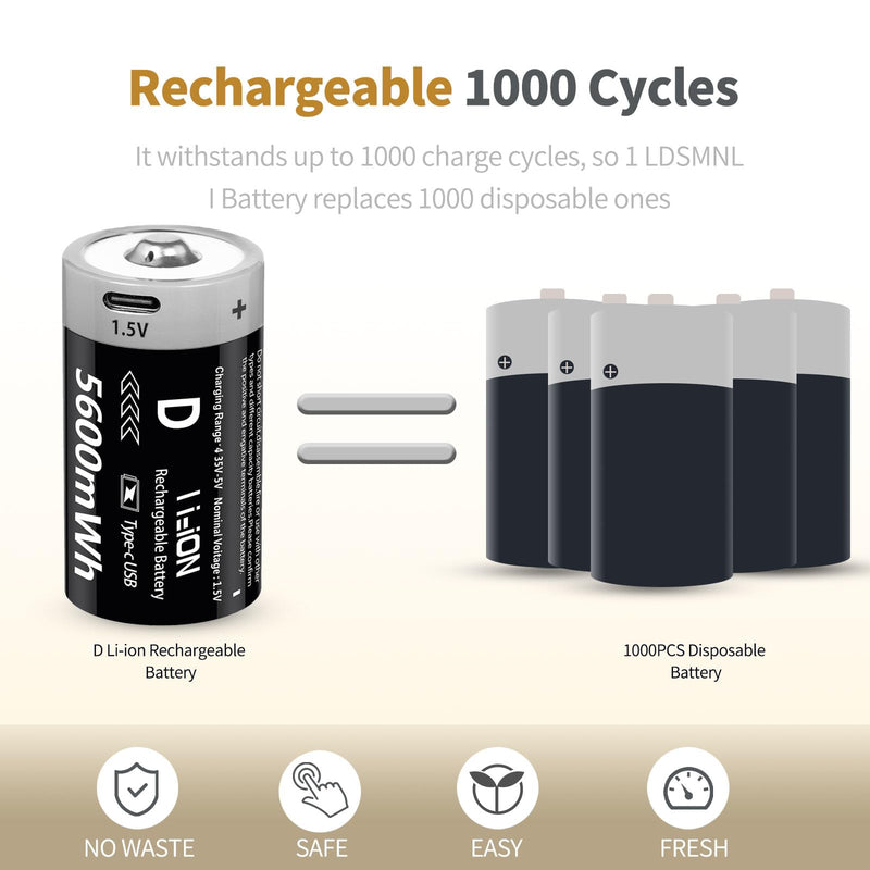 [Australia] - Rechargeable D Batteries 1.5V 5600mWh Lithium-ion Batteries with 4 in 1 USB-C Charging Cable, D Li-ion Batteries 1000 Cycles for Flashlight, Water Heater, Gas Stove (4 Pack) 