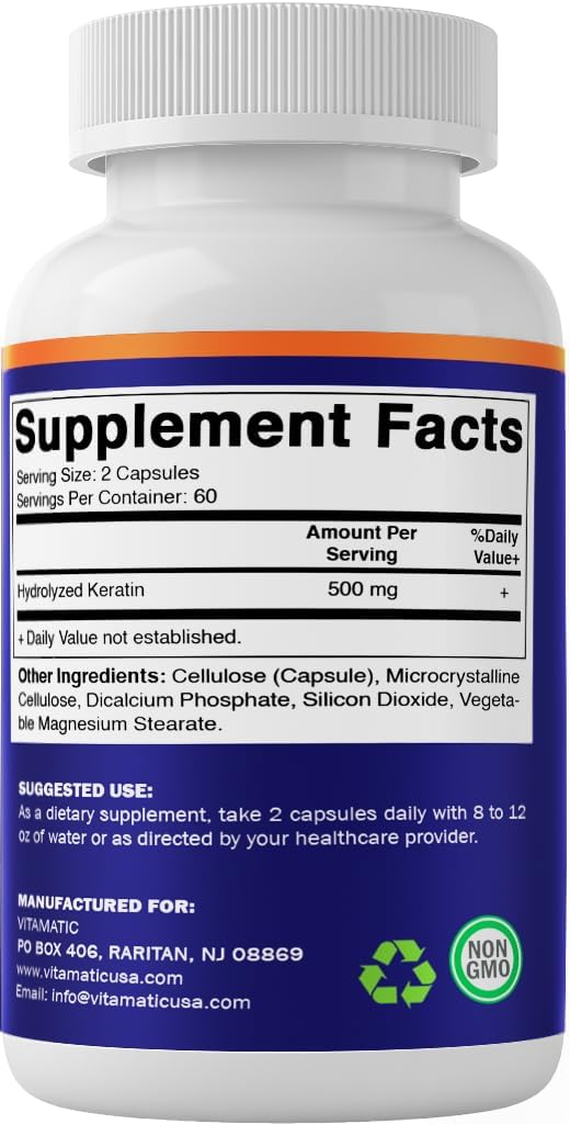 Vitamatic Hydrolyzed Keratin 500mg per Serving - 120 Vegetarian Capsules - Keratin Supplements