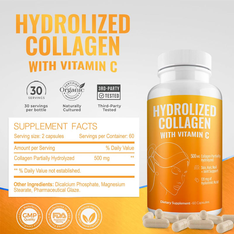 Aura Vitamin Hydrolyzed Collagen with Vitamin C Capsules 500mg Great Energy | Skin, Hair and Nail Support | Hyaluronic Acid Pills - 60ct (2) 2