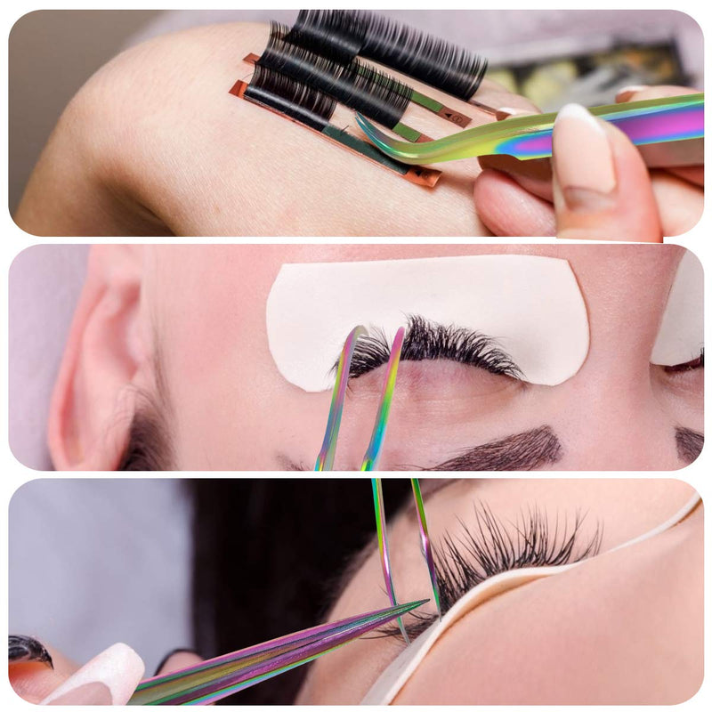 Eyelash Extension Tweezers Set, Fangze 7 Pcs Lash Kit Rainbow Stainless Steel Straight and Curved Tweezer for Nail Art Ingrown Hair Craft Eyelash Extension Tweezers