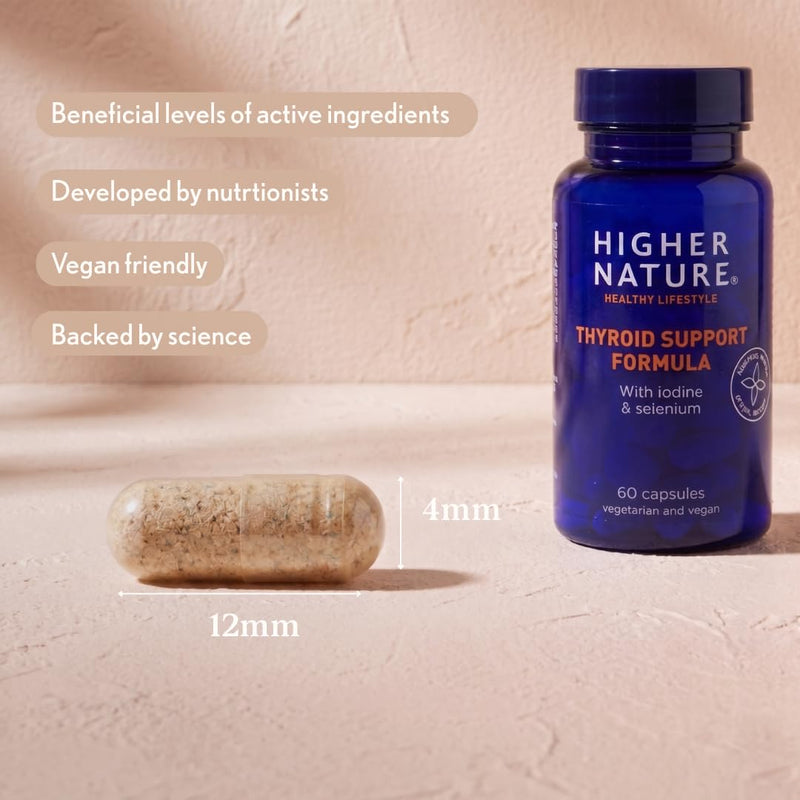 Higher Nature Thyroid Support Formula with Iodine, Selenium, Vitamin C, B12 & Iron - for Reduction of Tiredness & Fatigue - Vegan Thyroid Support Supplement for Women & Men - 60 Capsules