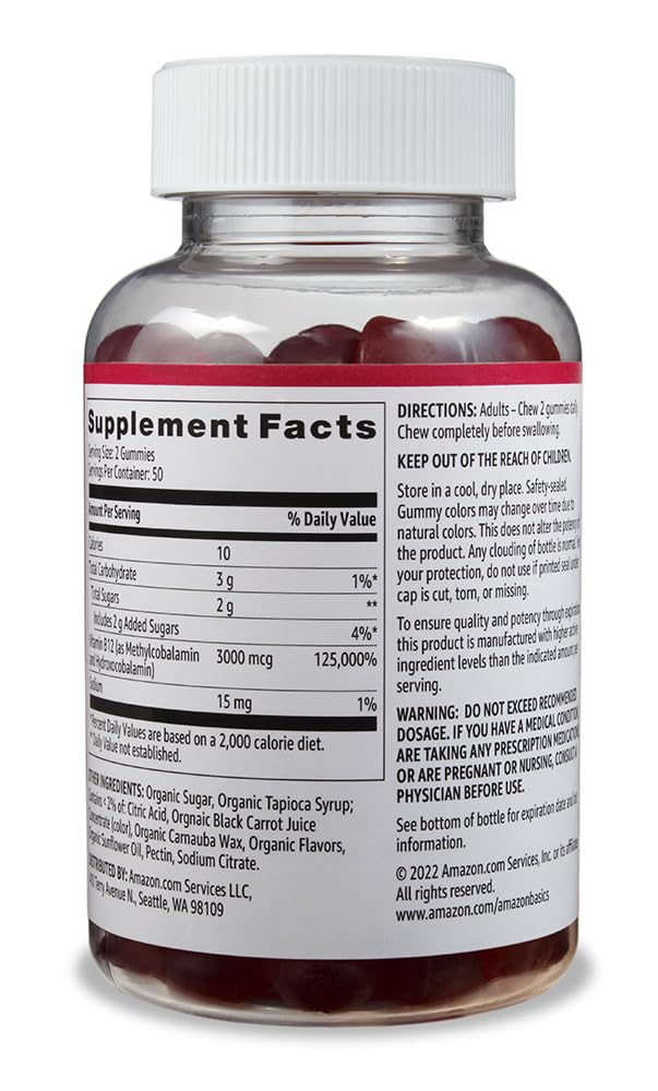 Amazon Basics Vitamin B12 3000 mcg Gummies, Normal Energy Production and Metabolism, Immune System Support, Raspberry, 100 Count (2 per Serving) (Previously Solimo) 100 Count (Pack of 1)