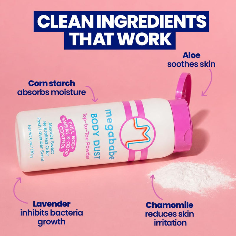Megababe Body Dust, Talc-Free, Sweat Absorbing Powder, Lavender Scent, 6 oz 6 Ounce (Pack of 1)