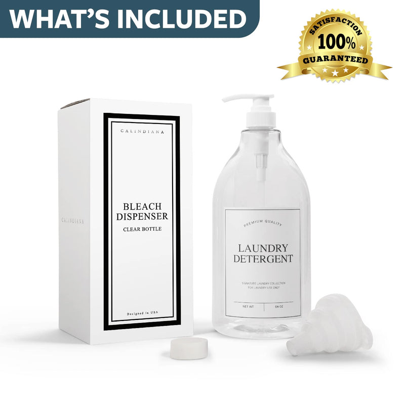 [Australia] - Calindiana Modern Farmhouse Bleach Liquid Laundry Detergent Dispenser for Laundry Room Decor and Organization, PET Plastic Landry Soap Containers with Water Resistant Label, Clear 64oz Clear Bottle/White Label 