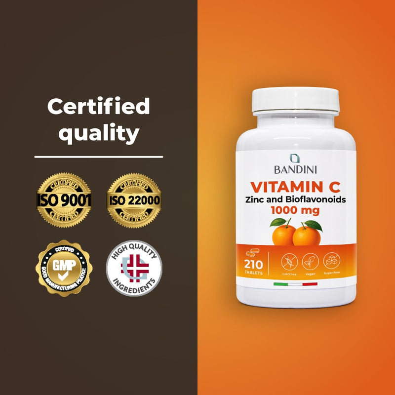 Bandini® Vitamin C 1000mg + Zinc + Bioflavonoids | 1 Tablet per Day | Supports Immune System & Reduces Fatigue | Skin, Bones, Nails, Hair | High Strength Supplement with Pure Vit C | 210 Vegan Tablets