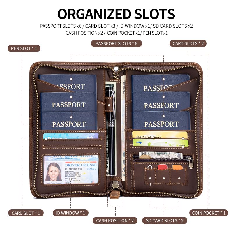 Passport Holder for Travel Family with Strap Genuine Leather RFID Blocking Travel Document Organizer Wallet with Pen Holder, Brown Large