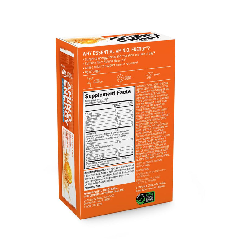 Optimum Nutrition Amino Energy Plus Focus Stick Packs, Tangerine Wave, 7Ct 0.3 Ounce (Pack of 7)