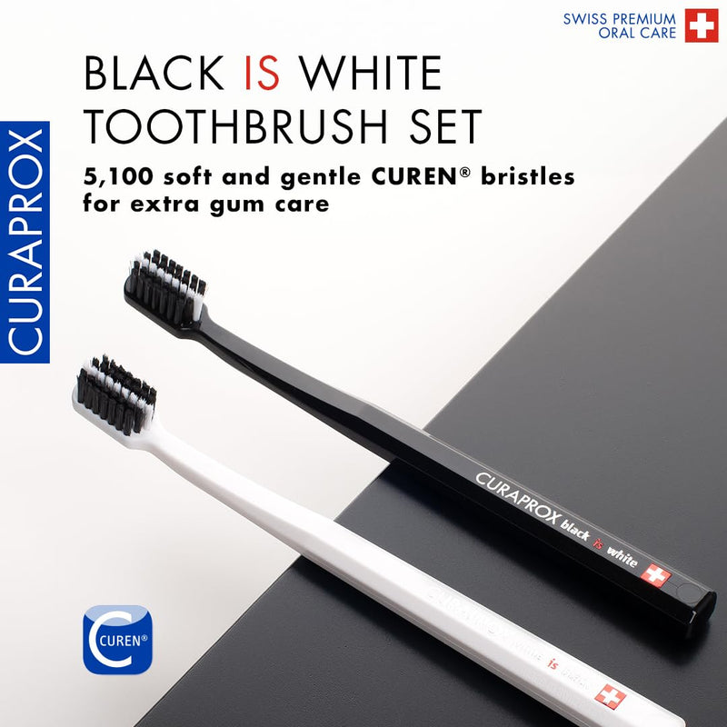 Curaprox Toothbrush Duo – for Adults | Stylish Black & White Ultra-Soft toothbrushes | Whitening-Friendly | Black/White | 2-Pack Black and White