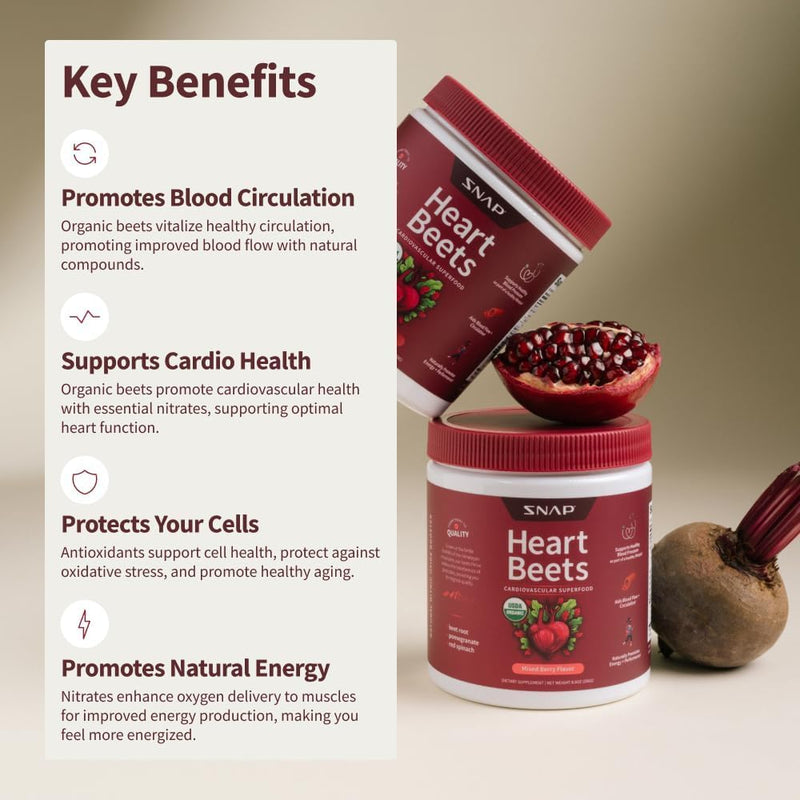 [Australia] - Snap Supplements Heart Beets, Organic Beet Root Powder, Cardiovascular Support Supplement for Men & Women, Beets, Pomegranate, B Vitamins & Red Spinach, Heart Health Support, 30 Servings, Mixed Berry 