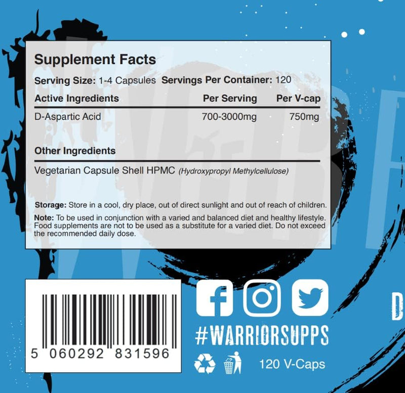Warrior DAA D-Aspartic Acid Supplement 750mg – 120 Capsules Pure Testosterone Support Supplement for Men with Muscle Growth, Strength & Vitality Natural Ingredients
