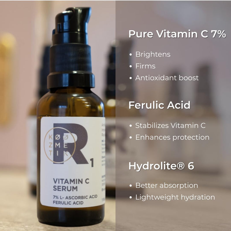 Vitamin C+Ferulic Acid Face Serum | Brightening Antioxidant Formula | Reduces the Appearance of Fine Lines & Wrinkles | Lightweight Fast-Absorbing Daily Serum | 100% Bioactive | R1 KØØZMETIK | 30ml R 1 Vitamin C Serum