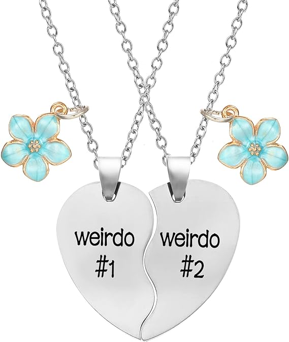 [Australia] - Maxforever Friendship Gifts, Weirdo 1 & Weirdo 2 Two Split Heart Pendant Necklaces, BFF Jewelry Necklace Set for Best Friend Pearl & White Flower 