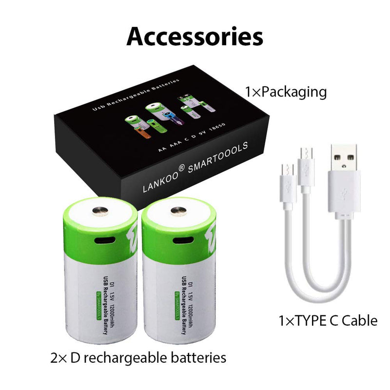 [Australia] - Rechargeable D Batteries 1.5V 12000mWh USB Lithium ion Rechargeable D Battery with USB Type C Charging Cable, High Capacity Fast Charge, 1200 Cycles Constant Output, Over-Charge Protection,2-Pack 2* D battery 