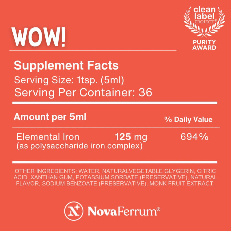 NovaFerrum Wow 125mg High Potency Liquid Iron Supplement for Adults | Vegan verified and gluten free certified, sugar-free formula for those managing low iron levels every single day | 6 Fl Oz 6 Fl Oz (Pack of 1)
