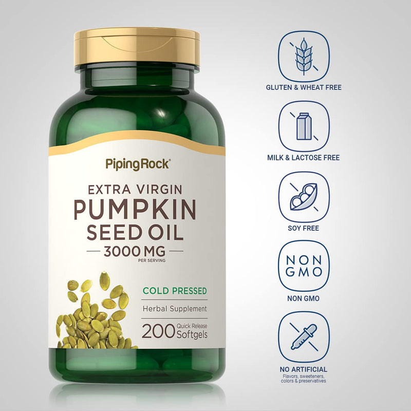 [Australia] - Piping Rock Pumpkin Seed Oil Capsules 3000mg | 200 Count | Cold Pressed Herbal Supplement | Extra Virgin | Non-GMO, Gluten Free 