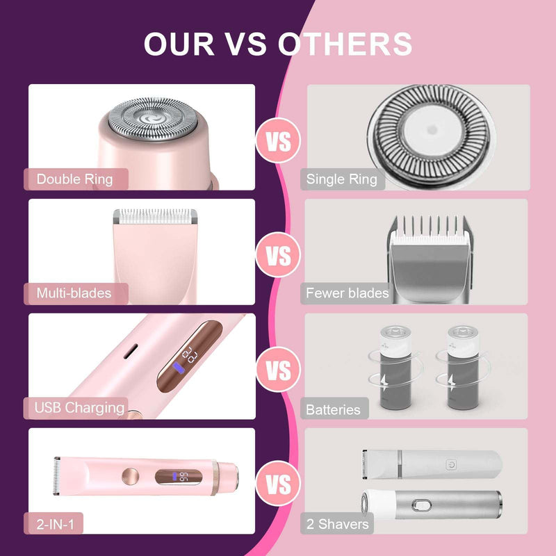 Bikini Trimmer for Women,IPX7 Waterproof Rating for Wet and Dry Use,Rechargeable,Electric Razors for Women,2 in 1 Dual Blade,for Use on The Face, Underarms, Bikini Area and Legs. (Pink) Pink