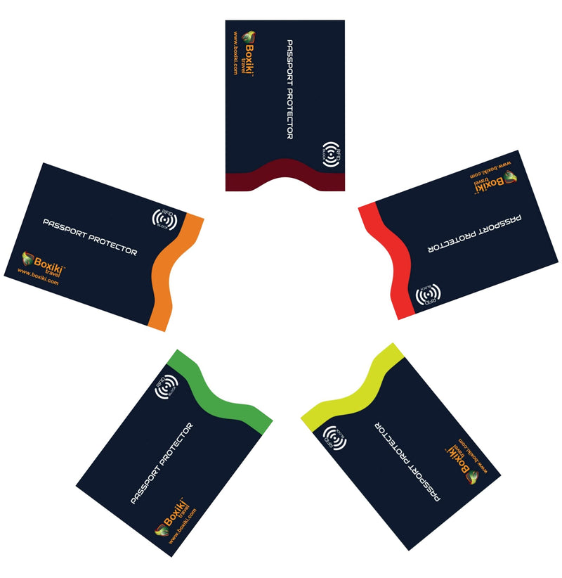 RFID Blocking Travel Set: Passport Sleeves (5-Pack, Navy Blue) and RFID Neck Wallet (Beige) - Secure Passport Holders, Money Pouch, and Travel Document Protection for Men and Women