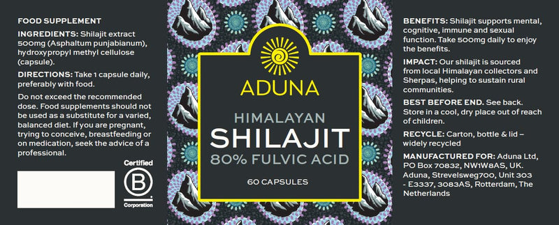 Aduna Himalayan Shilajit Capsules 500mg | 80% Fulvic Acid Pure Shilajit Extract | Energy, Vitality, Cognitive & Sexual Function Support | Natural Ayurvedic Supplement | 60 Vegan Capsules (60 Days)