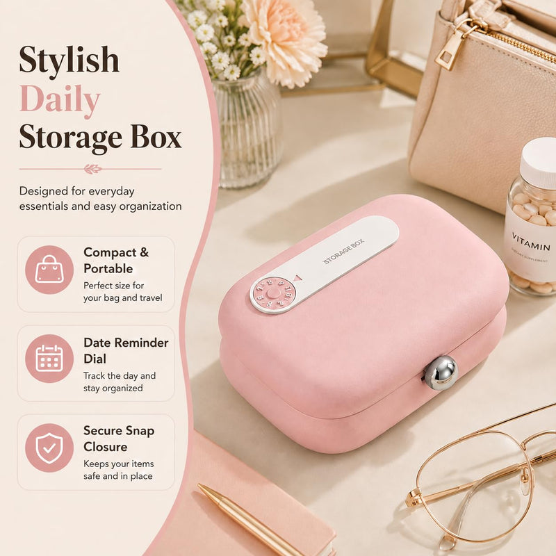 Travel Pill Organizer with Date Dial, 7-Compartment Portable Pill Case | Pink case with metal push-button closure; 7 fixed compartments for vitamins and supplements, compact for purses and travel