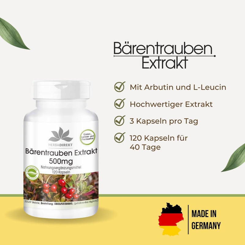 [Australia] - Bearberry extract 500mg - 120 capsules Uva Ursi - standardized to 20% arbutin - high dosage - vegan | HERBADIREKT by Warnke vital substances - German pharmacy quality 