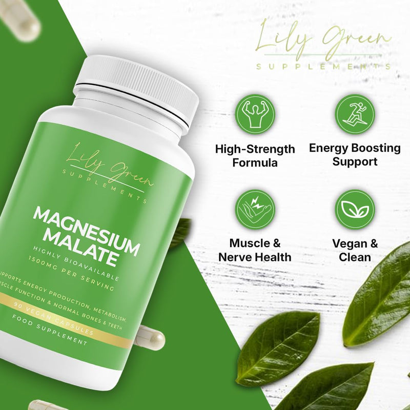 Lily Green Magnesium Malate Capsules | 1500mg per Serving for Energy, Muscle & Nerve Support | 90 Vegan Capsules | Made in UK