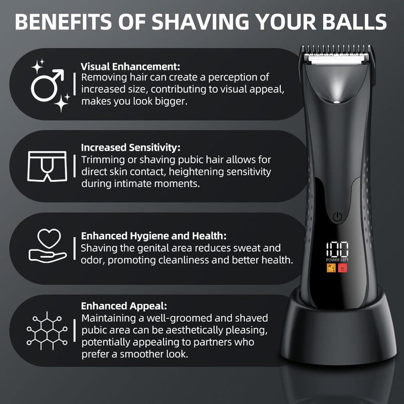 [Australia] - Groin Hair Trimmer - Electric Manscape Trimmer for Men, Waterproof Ball Trimmer for Pubic/Body/Groin Grooming with Ceramic Blade, LED Light, Charging Base Black 