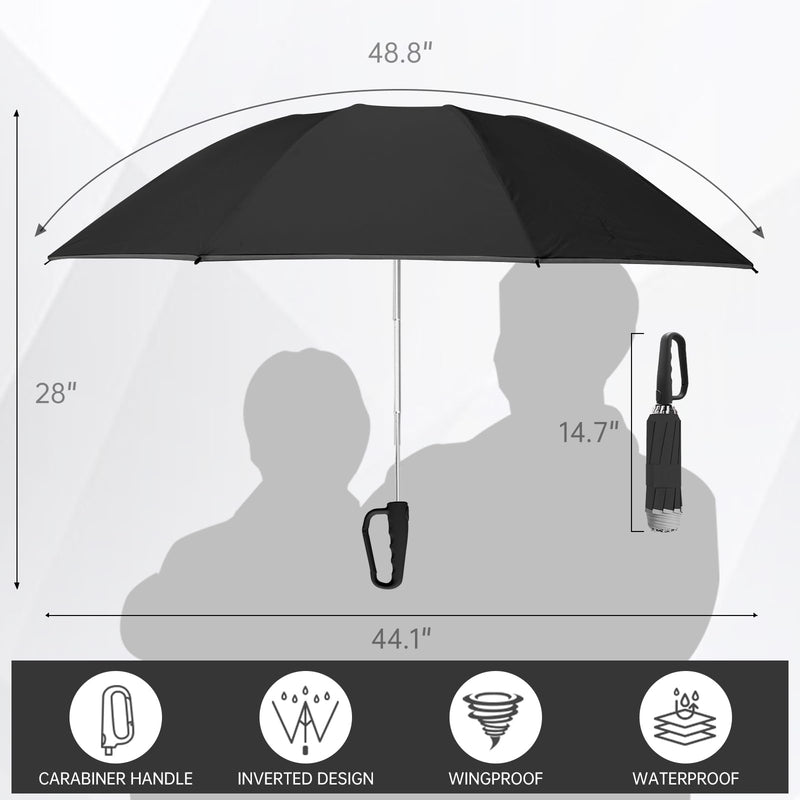 50in Inverted Folding Travel Umbrella – Windproof 10Ribs Upside Down Umbrella with Carabiner Handle, Rain Sun Protection for Women Men (Black) Black + Black