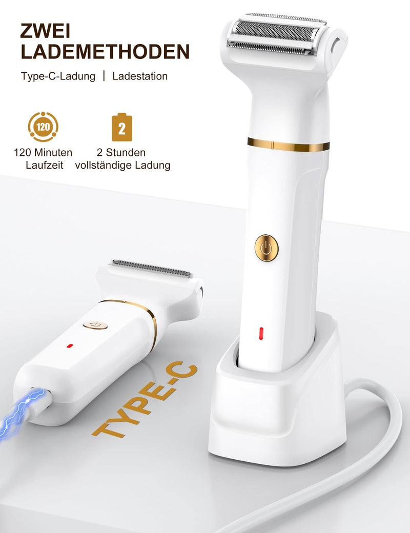 [Australia] - Women's razor, 3-in-1 intimate razor for women for legs, arms, armpits and bikini area, rechargeable with USB charging station, waterproof for wet and dry use, women's electric razor, white 