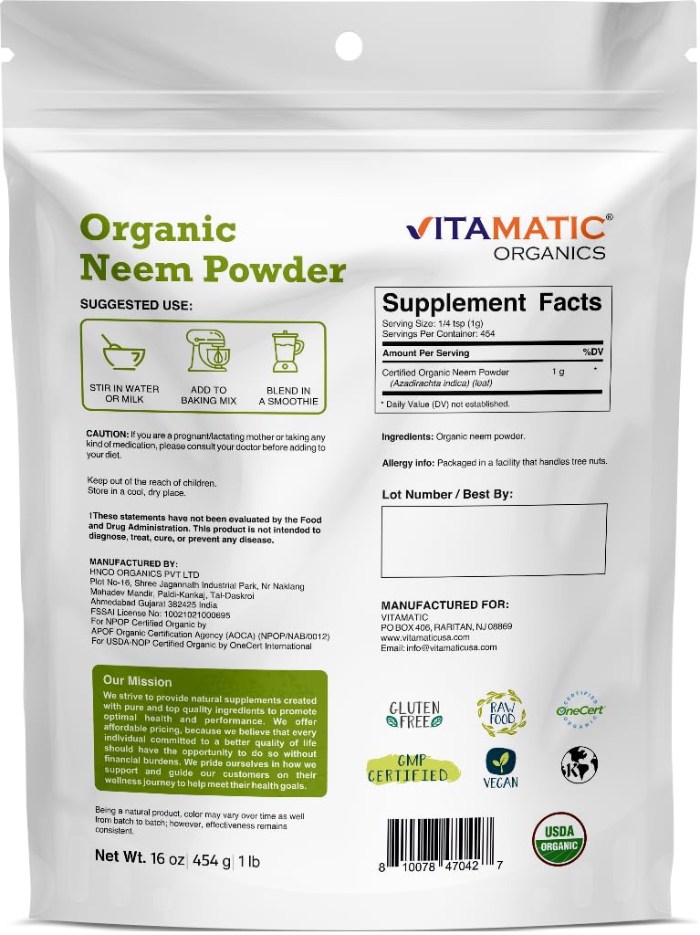 [Australia] - Vitamatic Certified USDA Organic Neem Leaf Powder 1 Pound (16 Ounce) 