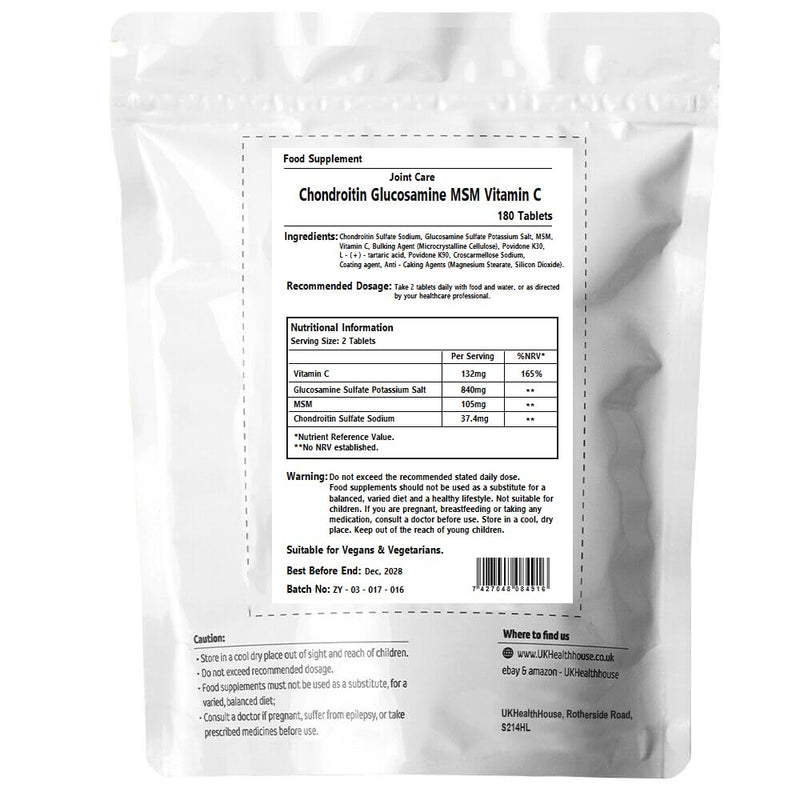 UKHealthHouse Glucosamine & Chondroitin High Strength Tablets | Glucosamine Complex with Chondroitin, MSM & Vitamin C 180 Tablets Combination Supplements for Joints