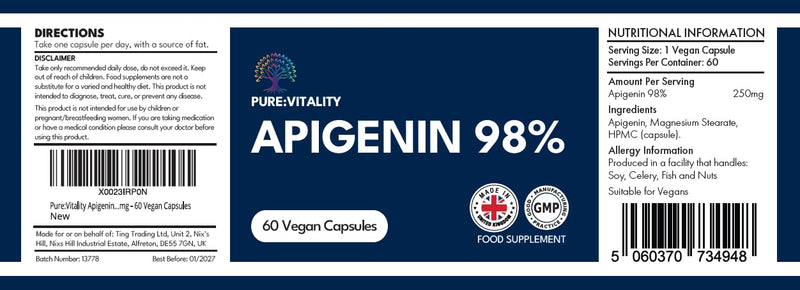Pure Vitality Apigenin 250mg (98% Pure) – 60 Vegan Capsules – Premium Flavonoid Supplement – Non-GMO, Plant-Based, Third-Party Tested