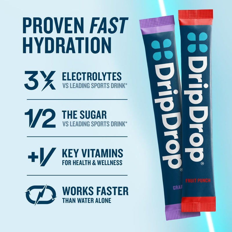 DripDrop Hydration Juicy Variety Pack, Electrolyte Packets, 32 Count | Grape, Fruit Punch, Strawberry Lemonade & Cherry; 3X Electrolytes, Vitamin C, Magnesium, Zinc; Single Serve Powder Drink Mix