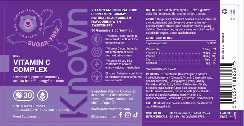 Known Kids Vitamin C Complex Gummies - Sugar-Free, Vitamin C & Zinc - Immune Support - Natural Blackcurrant Flavour - 30 Vegan Gummies, 1 Month Supply
