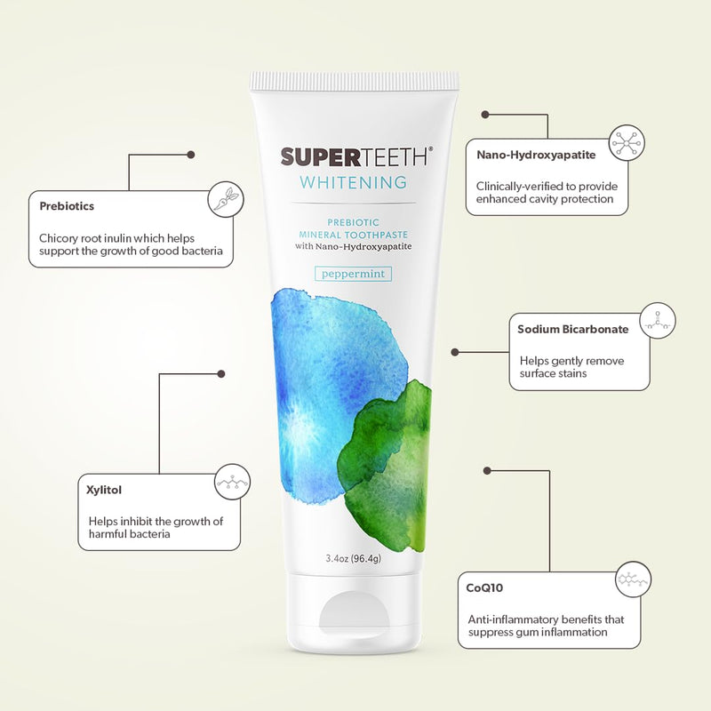 [Australia] - SuperTeeth Whitening Nano Hydroxyapatite (nHAp) Toothpaste for Adults & Kids | Sodium Bicarbonate | Fluoride-Free | Remineralizing | Xylitol | CoQ10 | Prebiotic | Mint | SLS-Free | Made in USA 