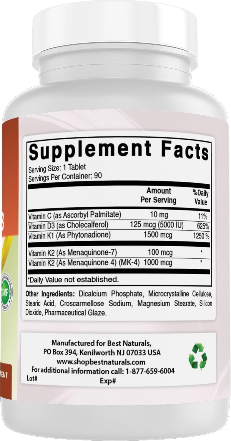 Best Naturals K-Complex with K1 (Phytonadione 1500 mcg + K2 as Menaquinone 100 mcg + K2 as MK-4 1000 mcg) + D3 + VIT. C - 90 Tablets - Made in the USA 90 Count (Pack of 1)