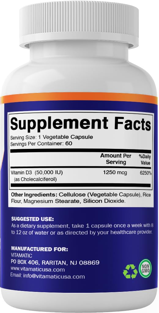 [Australia] - Vitamatic Vitamin D3 50,000 IU (as Cholecalciferol), Once Weekly Dose, 1250 mcg, 60 Veggie Capsules 1 Year Supply, Progressive Formula Helping Vitamin D Deficiencies (60 Count (Pack of 1)) 60 Count (Pack of 1) 