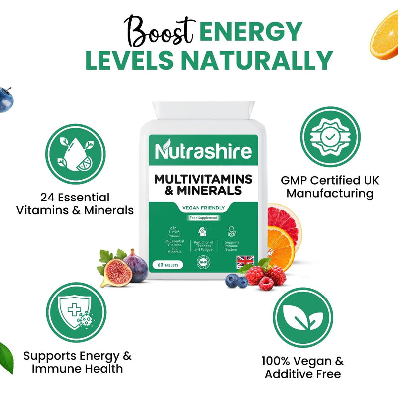 Vegan Multivitamins and Minerals – 60 Multivitamin Tablets for Men & Women with 24 Essential Nutrients Including B12, Iron, Calcium and Zinc – Made in UK