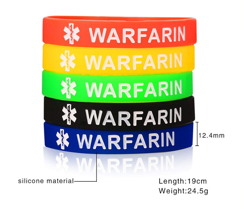 [Australia] - 5 Pcs Medical Alert Silicone Bracelets Wristband for Men Women Type 1/2 Diabetes Warfarin Blood Thinner,7.5" 