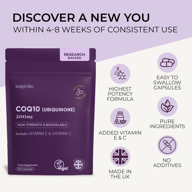 CoQ10 Supplement (4-Month Supply) Coenzyme Q10 Ubiquinone High Strength 120 Vegan Capsules with Vitamin C and E - 200mg, No Synthetic Additives, Made in UK
