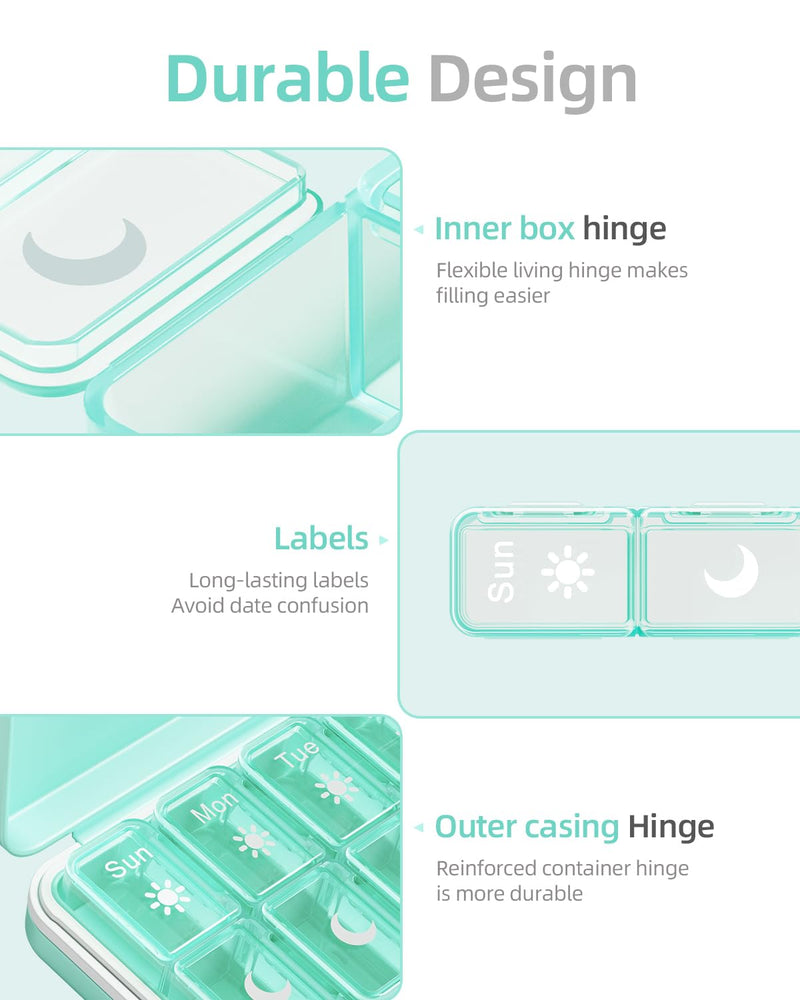 Betife AM PM Pill Organizer 7 Day, Weekly Pill Organizer Box 2 Times a Day | Portable Travel Pill Organizer, Cute, Easy Open, Airtight, Fashion, Dust-Proof, Reusable, Sturdy for Medication, Vitamin Green